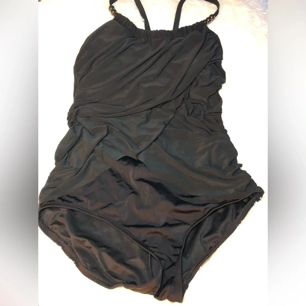 Slimming Draped One-Piece  Black Swimsuit with Straps size 14 8 and 4